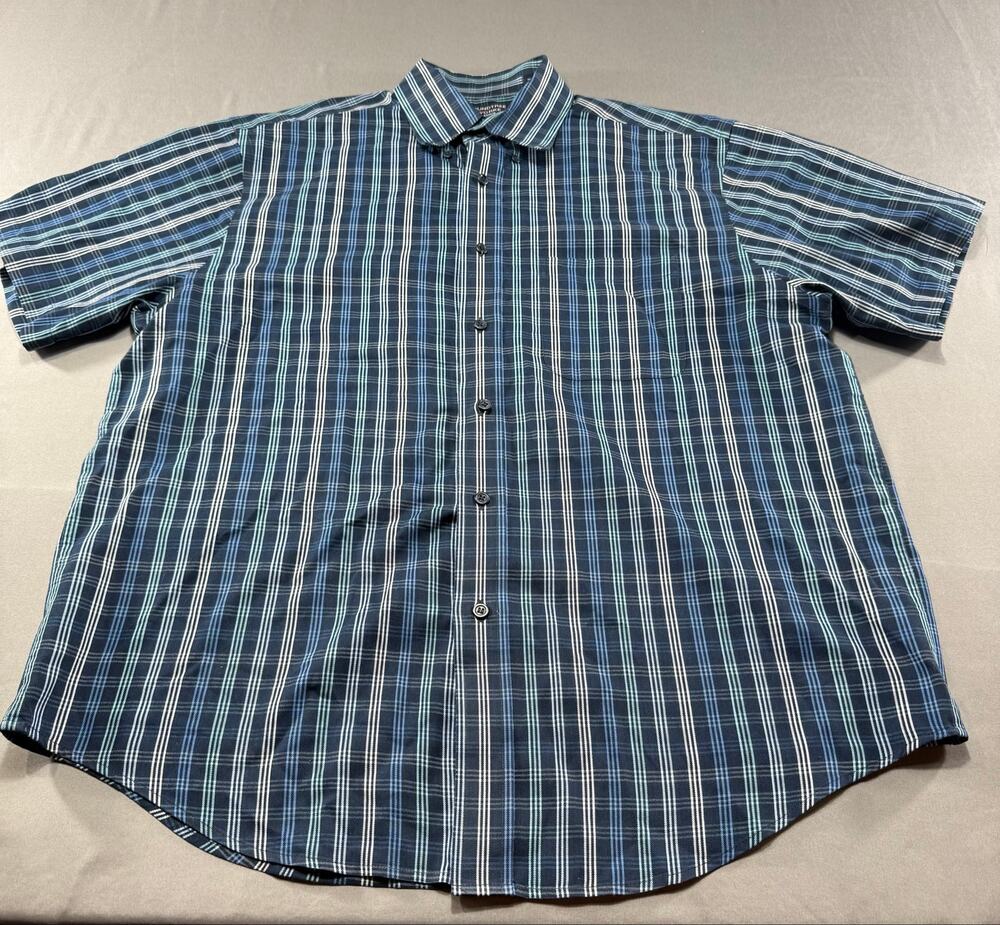 Roundtree & Yorke Men’s Short Sleeve Plaid Button Front Shirt Blue White Large